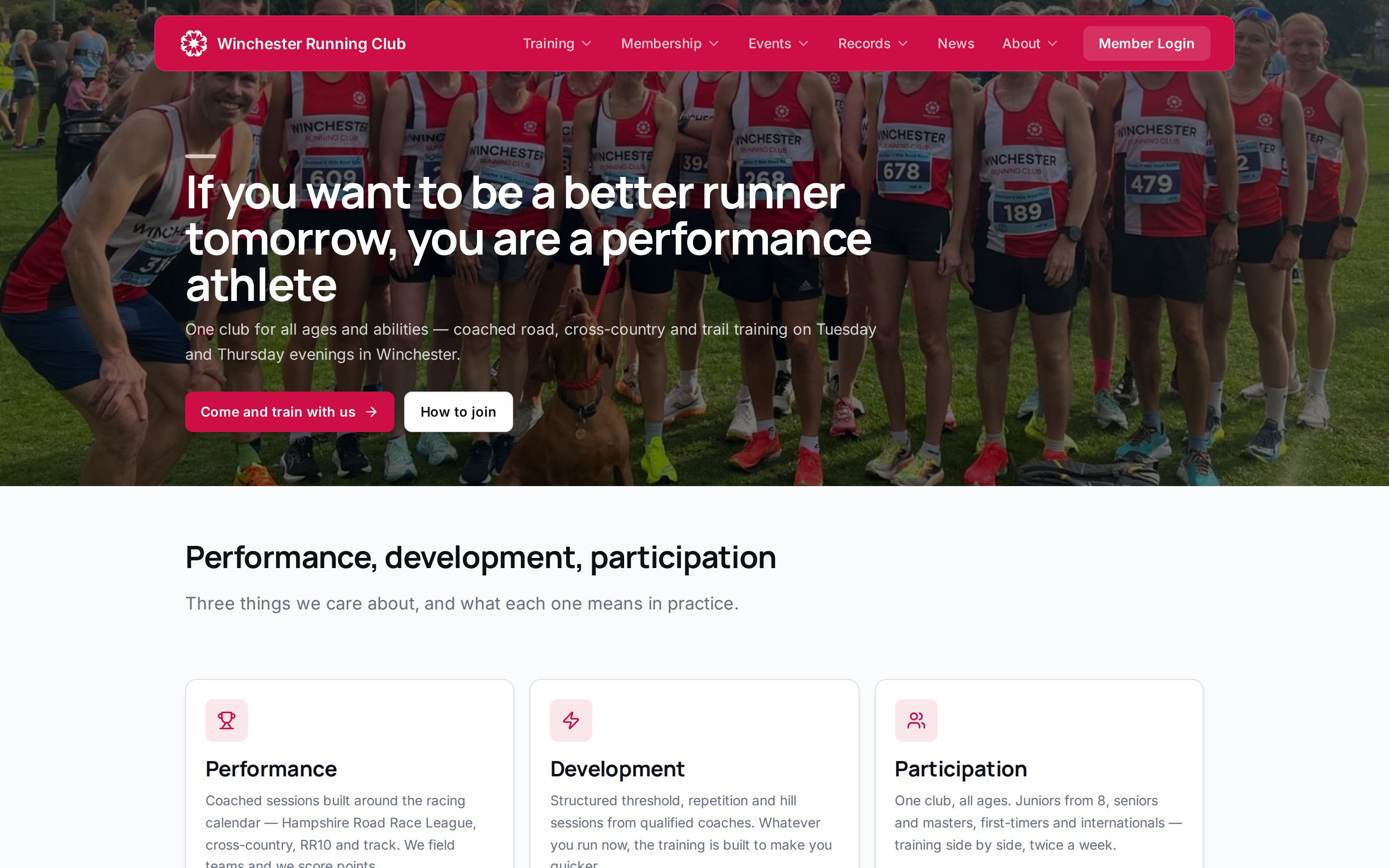 Winchester Running Club's live home page: a full-width photograph of club members in race vests behind the headline 'If you want to be a better runner tomorrow, you are a performance athlete', the club's navigation bar with Training, Membership, Events, Records and News, and a Performance, Development, Participation section below.