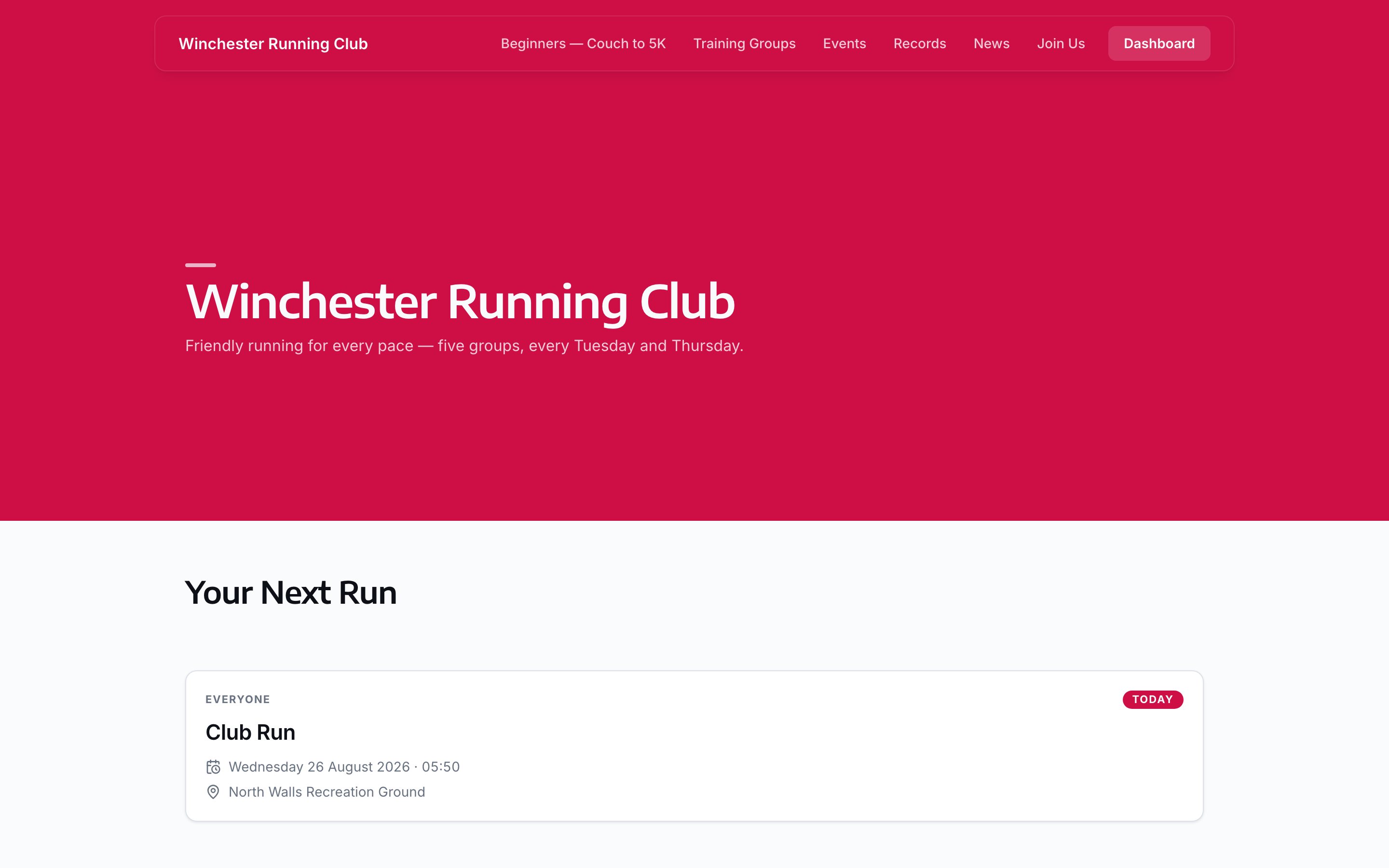 Winchester Running Club's live home page: a full-width photograph of club members in race vests behind the headline 'If you want to be a better runner tomorrow, you are a performance athlete', the club's navigation bar with Training, Membership, Events, Records and News, and a Performance, Development, Participation section below.