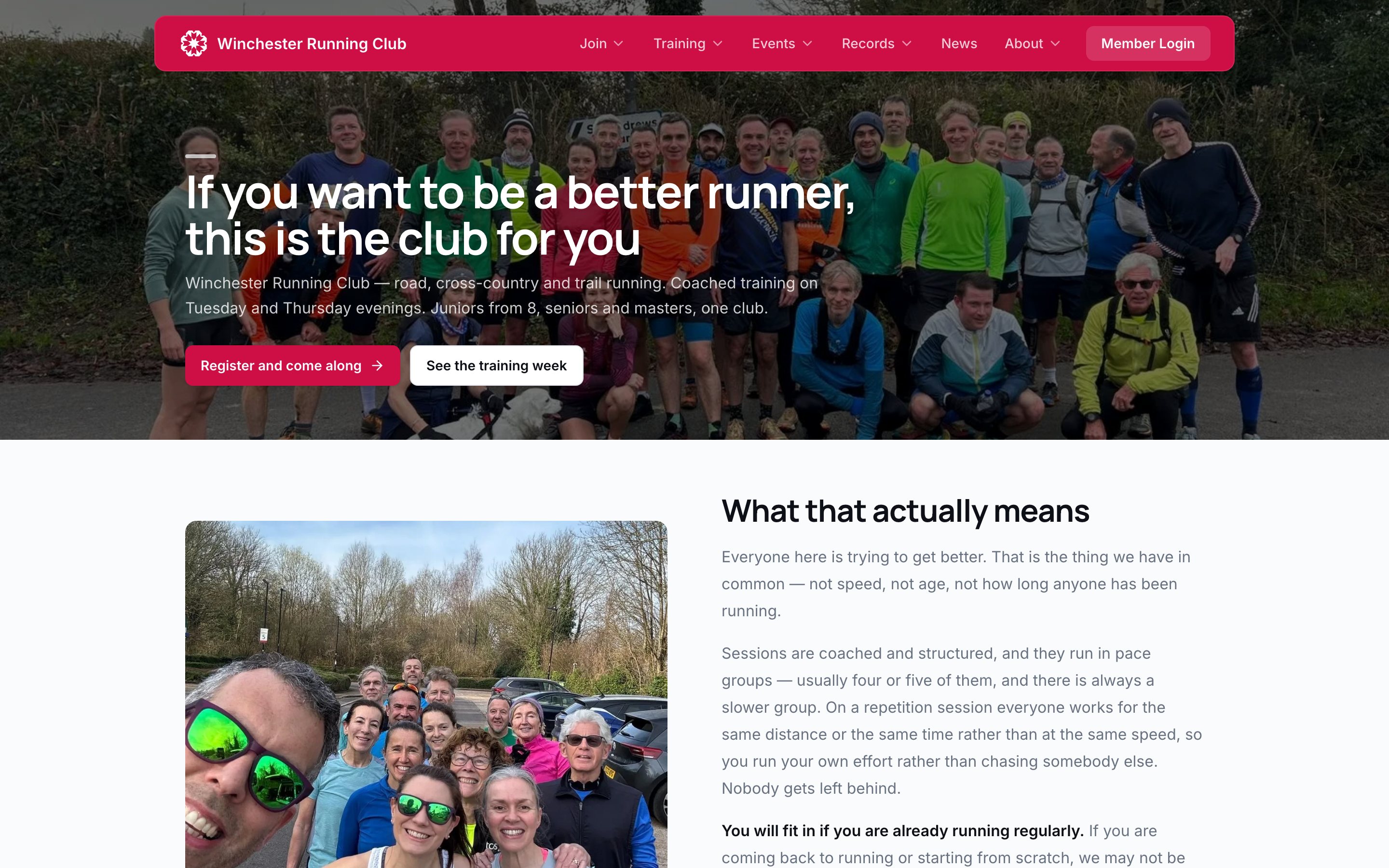 Winchester Running Club's live home page: a full-width photograph of the club on a group run behind the headline 'If you want to be a better runner, this is the club for you', the club's navigation bar with Join, Training, Events, Records, News and About, and a 'What that actually means' section below.