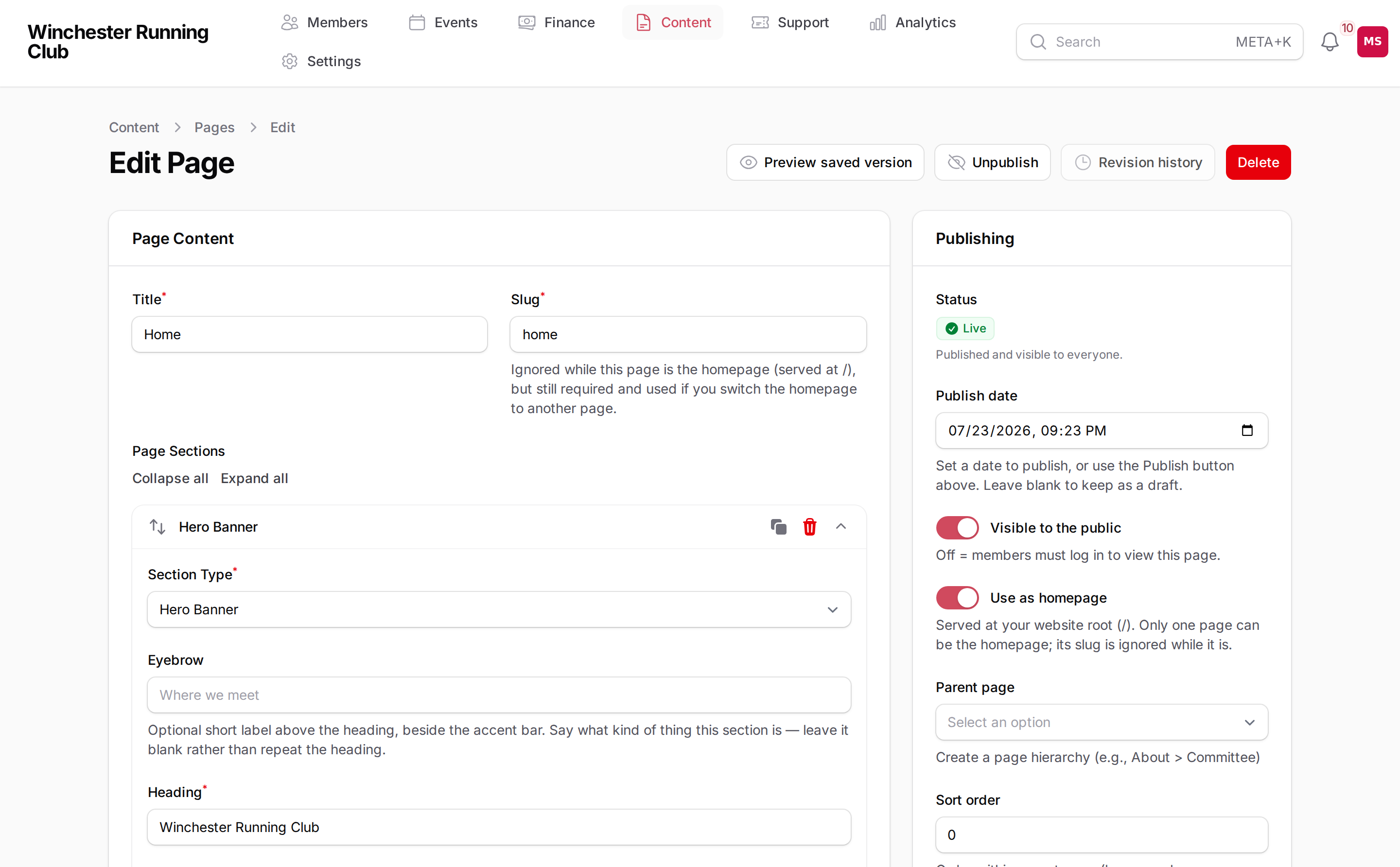 The RunClub HQ page editor: a page being edited section by section, with a repeater of content sections down the middle and a publishing sidebar showing the page is Live.