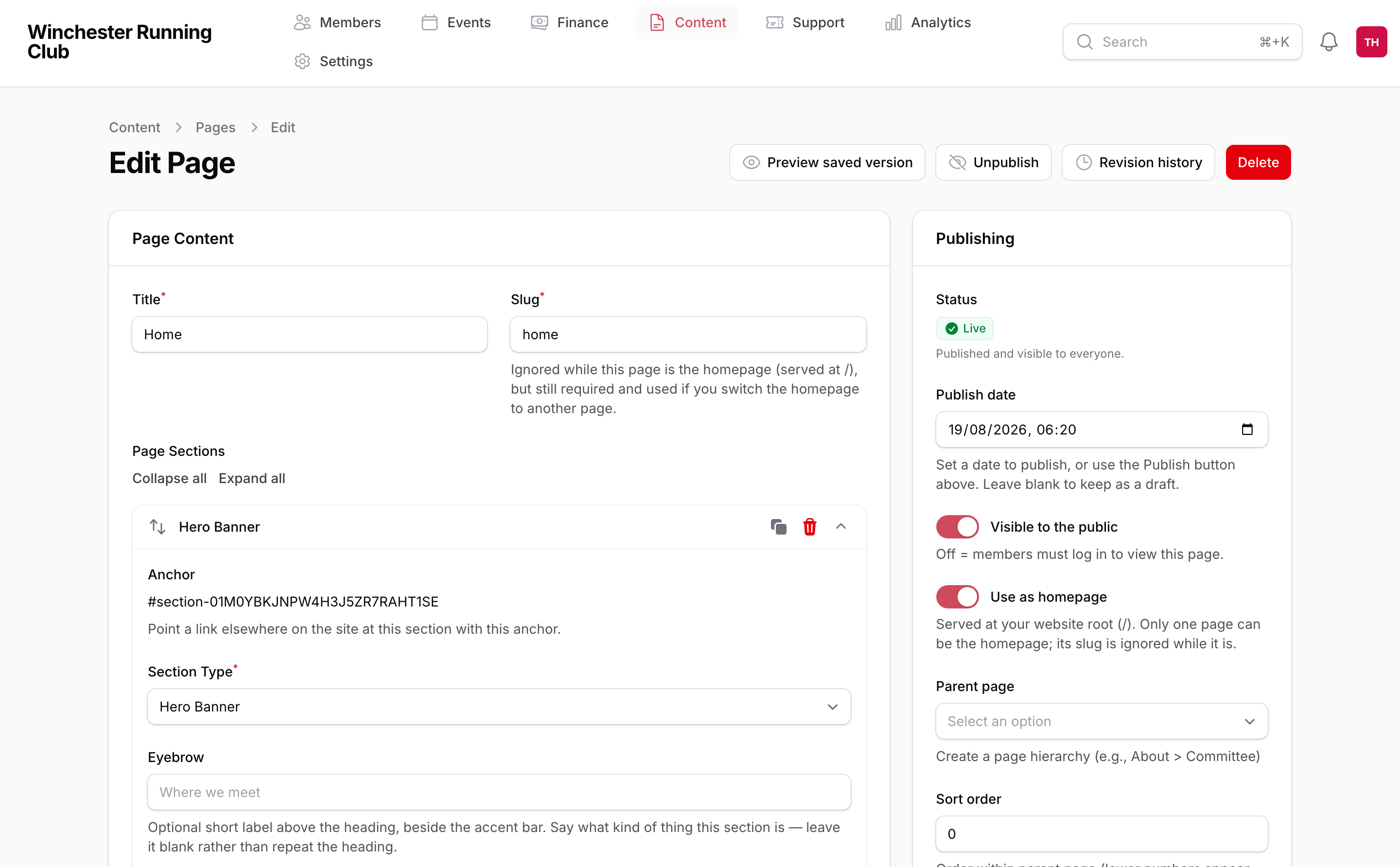 The RunClub HQ page editor: a page being edited section by section, with a repeater of content sections down the middle and a publishing sidebar showing the page is Live.