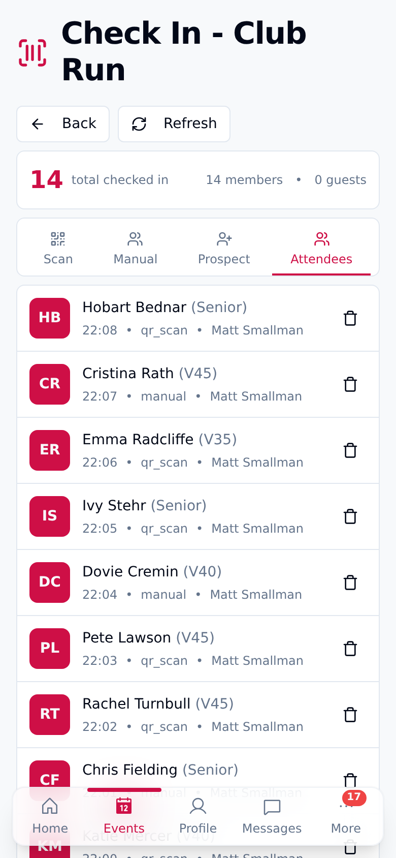 Event check-in on a phone: a running total of 14 members checked in, tabs for scanning a card, checking someone in manually, adding a prospective member, and browsing the attendee list.