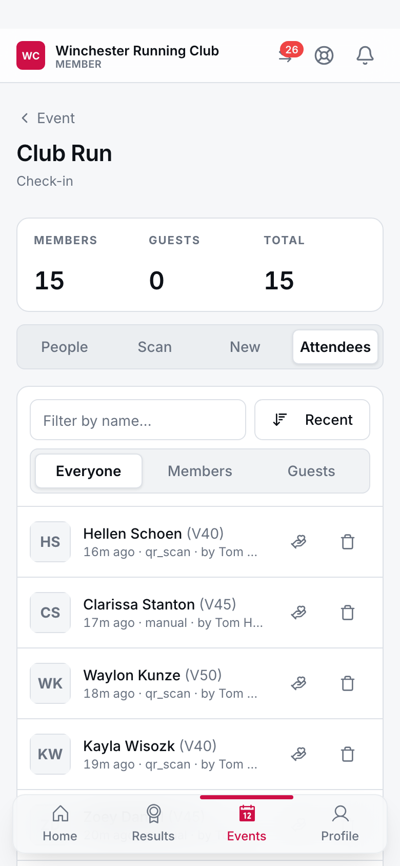 Event check-in on a phone: fifteen members checked in, tabs for the attendee list, scanning, manual entry, and adding a prospective member.