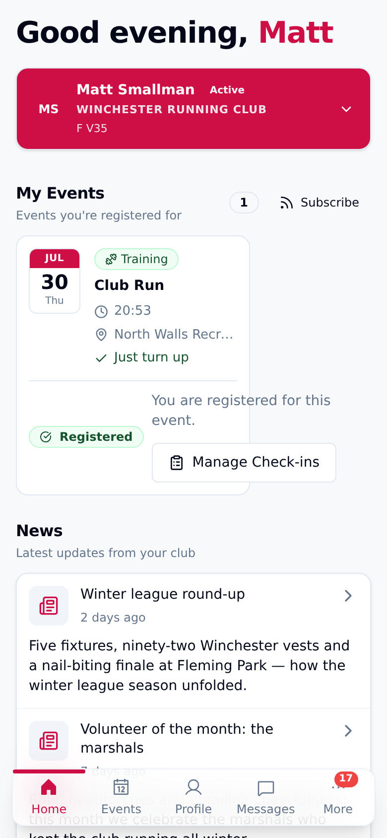 The RunClub HQ member app on a phone: a personal greeting, the member's digital membership card, a list of their upcoming events, and the latest club news.