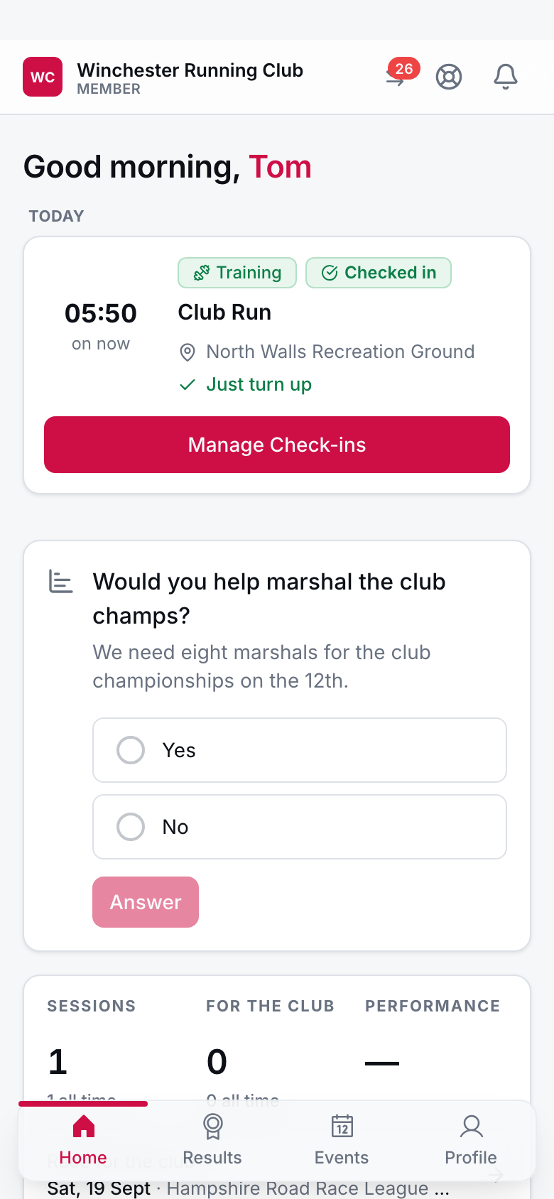 The RunClub HQ member app on a phone: a personal greeting, a quick poll to answer, and upcoming sessions grouped by this week and next.