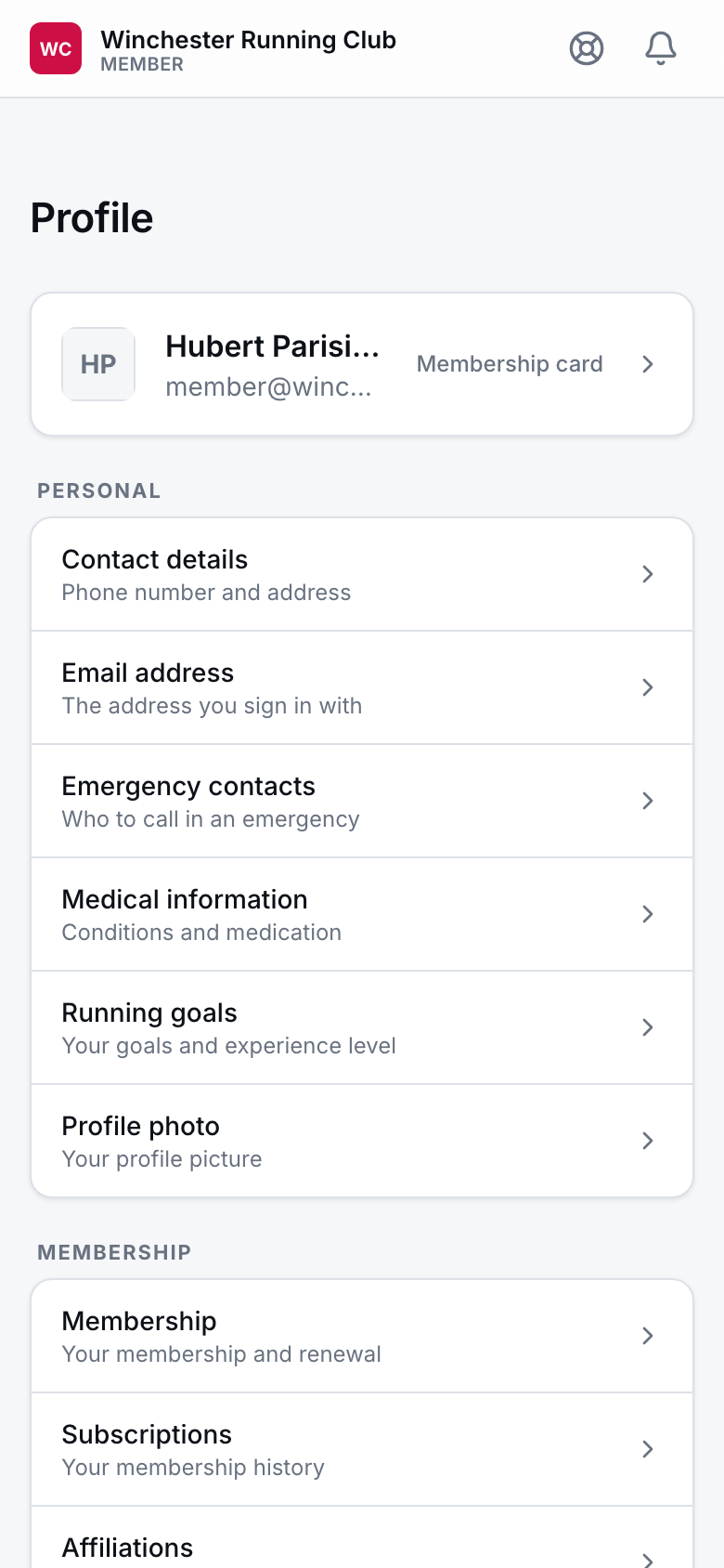 A member's profile menu on a phone: contact details, emergency contacts, medical information, running goals and profile photo, all self-service.