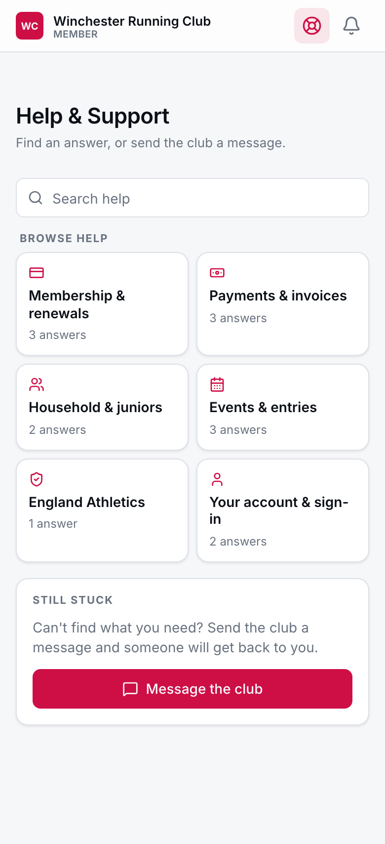 The member help centre on a phone: searchable help topics answered by the club, and a button to message the club directly.