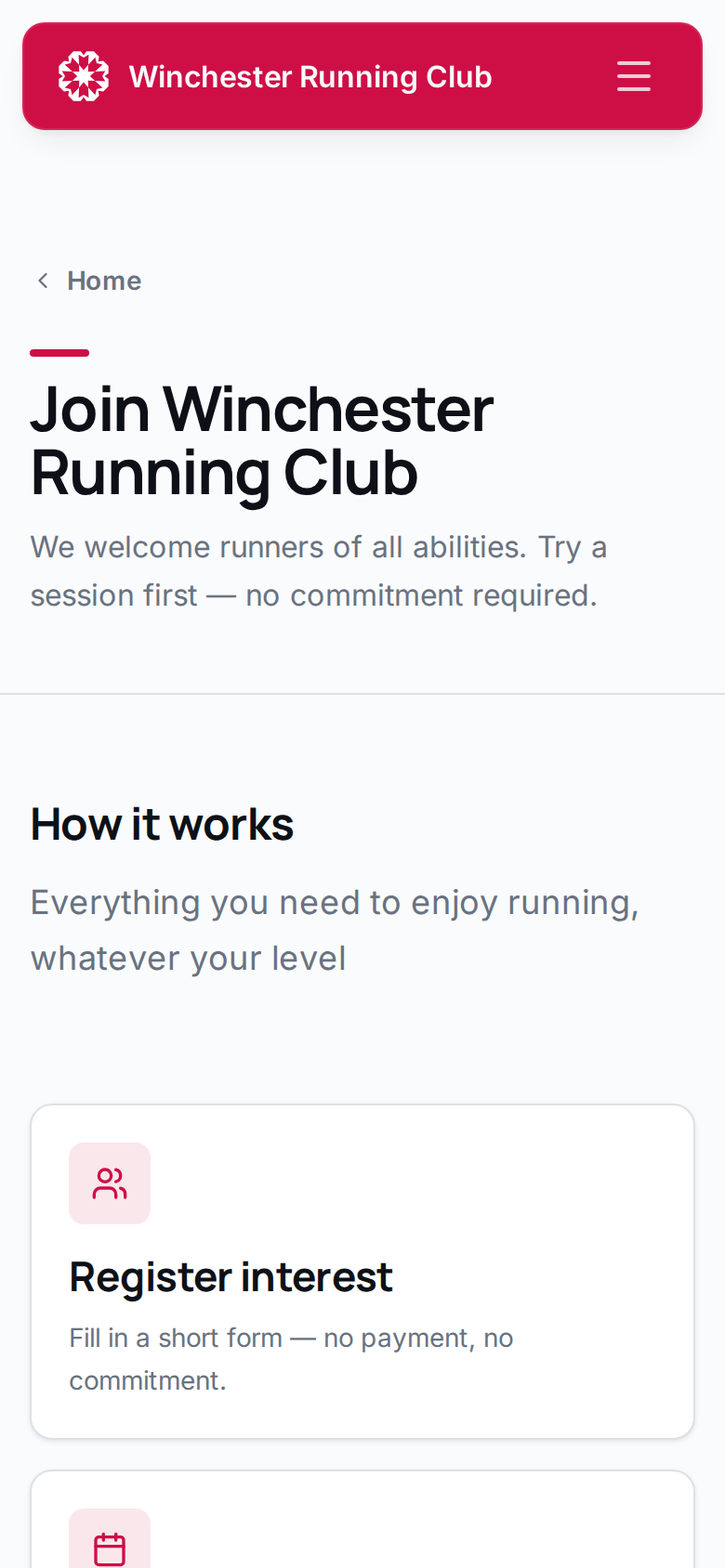 The join page of a club's public site on a phone, headed 'Join Winchester Running Club', with cards explaining how joining works.