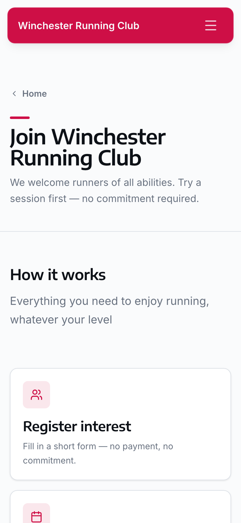 The join page of a club's public site on a phone, headed 'Join Winchester Running Club', with cards explaining how joining works.