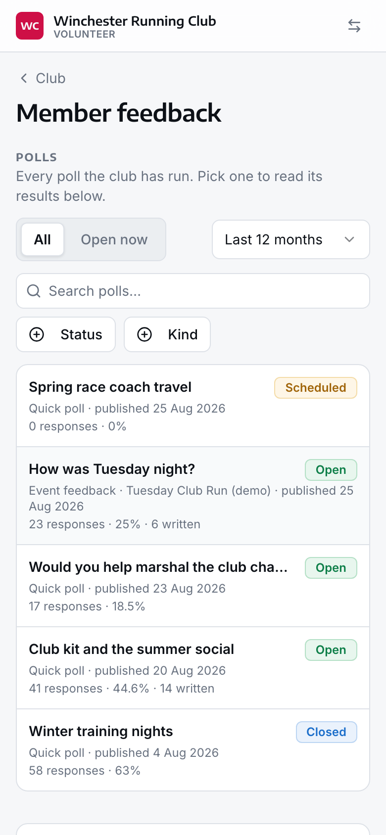 The Club Health feedback domain on a phone: member feedback and poll responses.